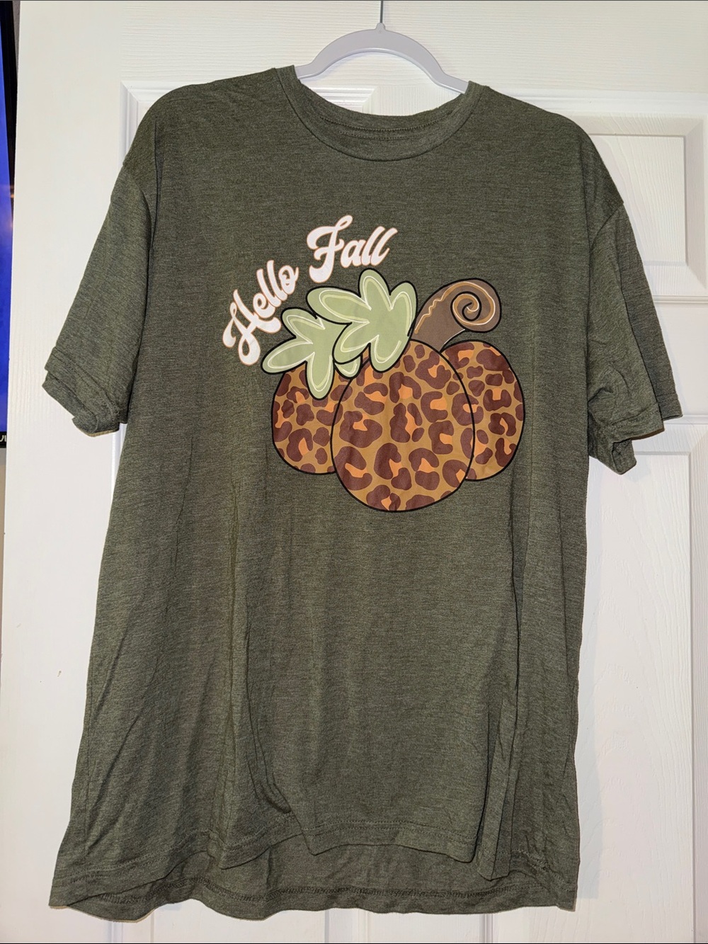 Hello Fall Olive Green Kids' Graphic Tee with Leopard Pumpkin